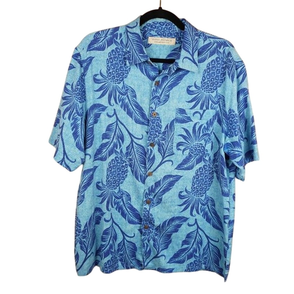 Island Republic Hawaiian Vacation Blue Pineapple Floral Print Shirt Size Large